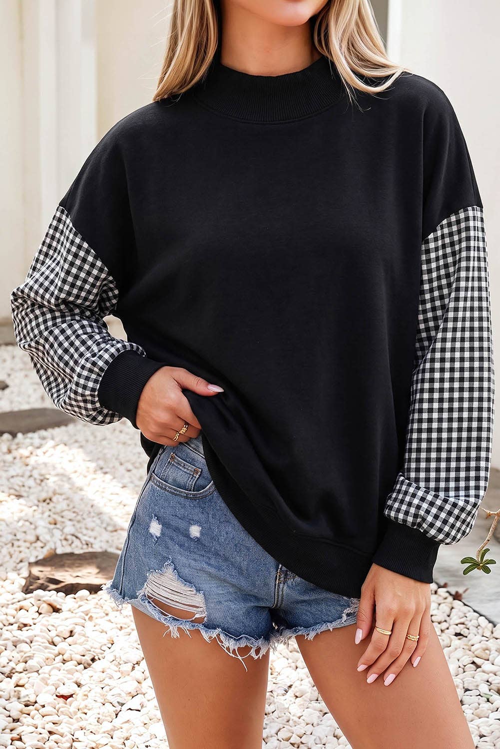 Plaid Sleeve Colorblock Mock Neck Sweatshirt