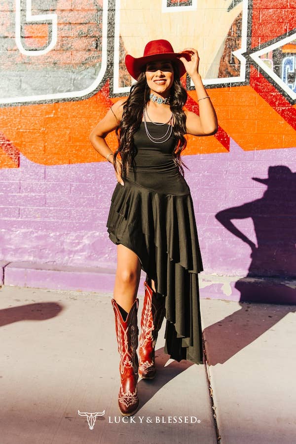 Black Strapless Asymmetrical Ruffle Dress