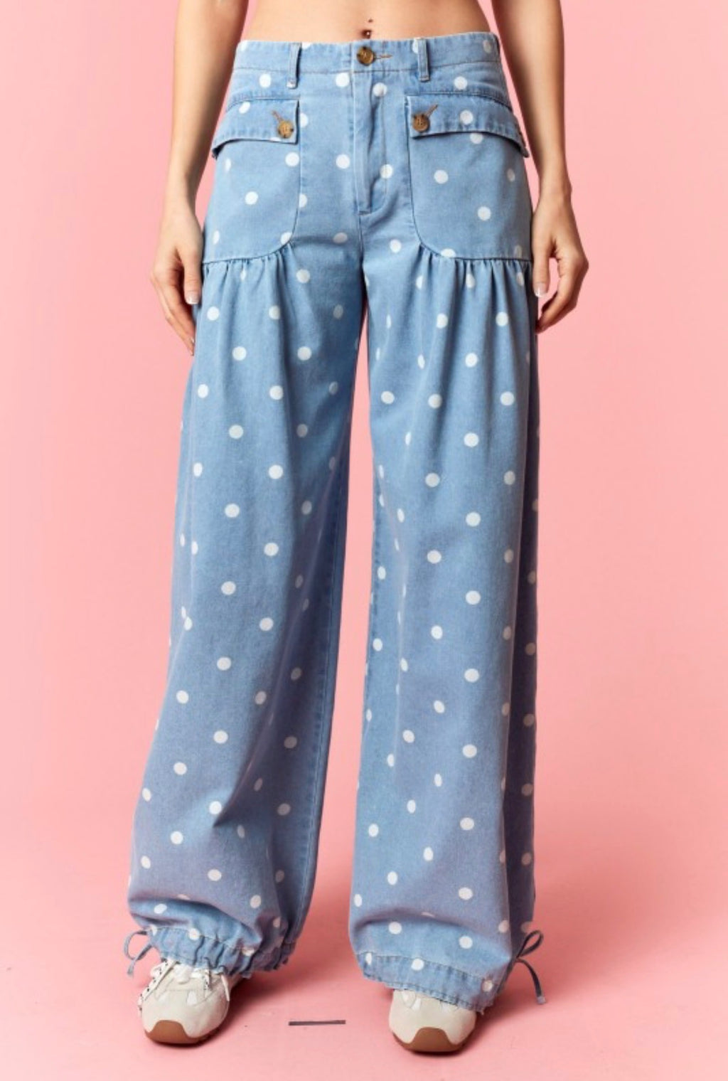 Polka Dot Denim Pocket Adjustable Jeans