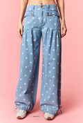 Polka Dot Denim Pocket Adjustable Jeans