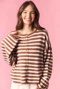 STRIPED BUTTON UP CURLY HEM OVERSIZE CARDIGAN