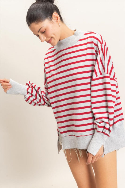 STRIPED MOCK NECK SWEATSHIRT
